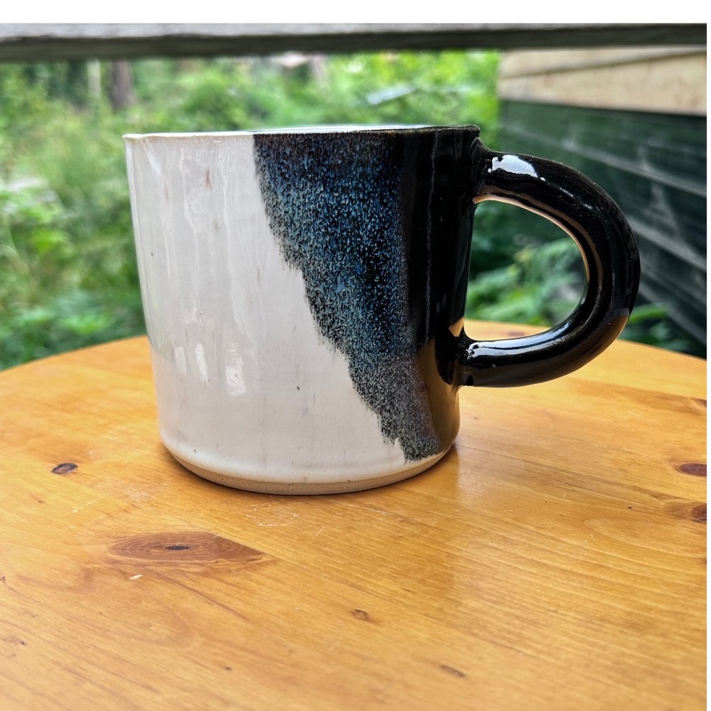 Vintage Studio Pottery Mug Large Black White Drip Glaze Handmade Ceramic LM